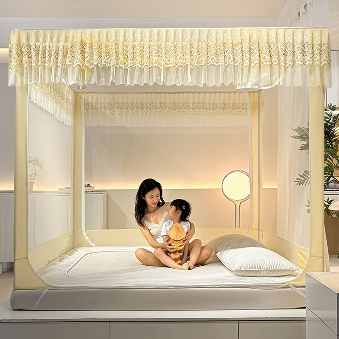 91家纺网 家纺一手货源 找家纺 青竹苑 2024新款内穿蕾丝花边坐床蚊帐 爱丽丝-嫩黄