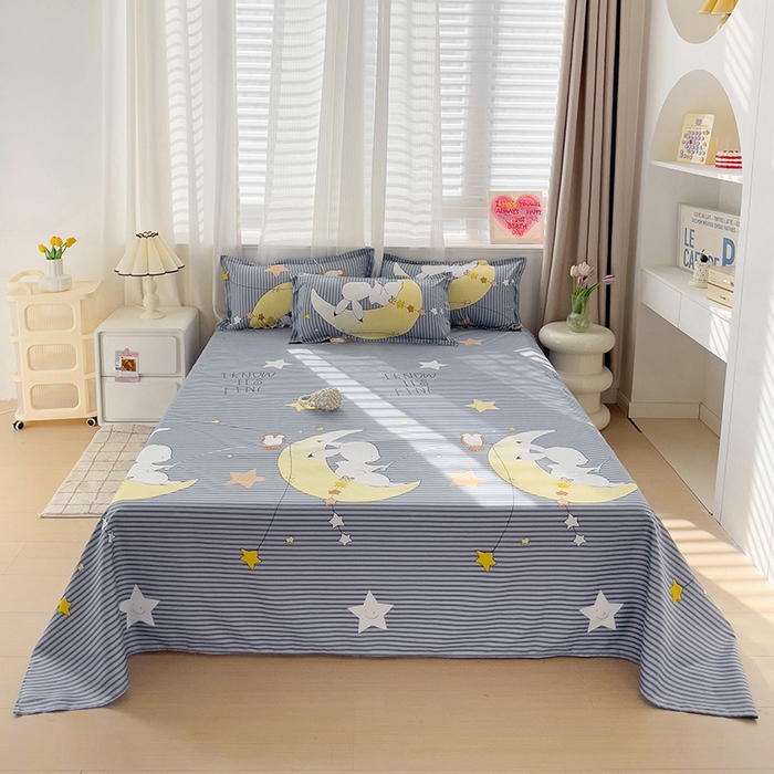 91家纺网 家纺一手货源 找家纺 楠沐家纺  2025年新款亲肤水洗棉芦荟棉印花床单系列 月兔