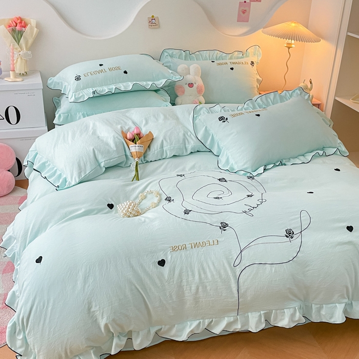 91家纺网 家纺一手货源 找家纺 AB家纺 2024新款水洗棉绣花四件套-唯一系列 唯一天水绿