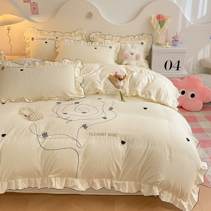 91家纺网 家纺一手货源 找家纺 AB家纺 2024新款水洗棉绣花四件套-唯一系列 唯一茶靡白