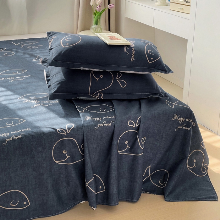 91家纺网 家纺一手货源 找家纺 楠沐家纺  2025年新款亲肤水洗棉芦荟棉印花床单系列 小鲸鱼