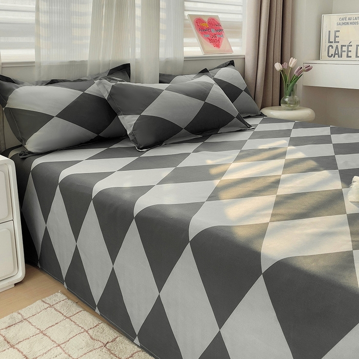 91家纺网 家纺一手货源 找家纺 楠沐家纺  2025年新款亲肤水洗棉芦荟棉印花床单系列 菱格灰