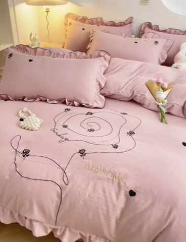 91家纺网 家纺一手货源 找家纺 AB家纺 2024新款水洗棉绣花四件套-唯一系列 唯一苏芳粉