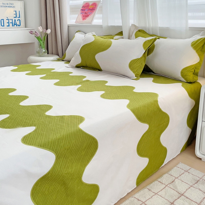 91家纺网 家纺一手货源 找家纺 楠沐家纺  2025年新款亲肤水洗棉芦荟棉印花床单系列 波浪纹-绿