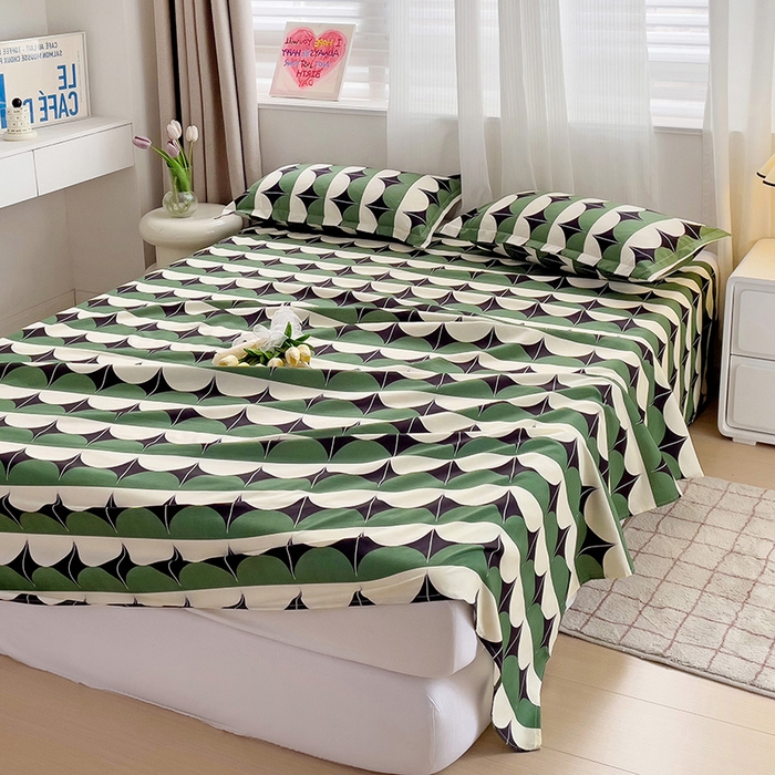 91家纺网 家纺一手货源 找家纺 楠沐家纺  2025年新款亲肤水洗棉芦荟棉印花床单系列 大西洋-绿