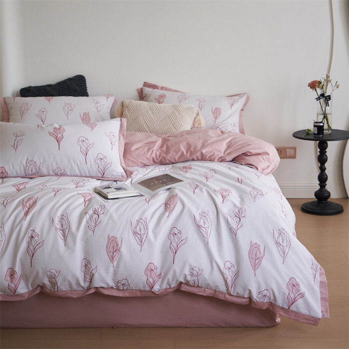 91家纺网 家纺一手货源 找家纺 橙艺家居 2024新款全棉臻品柔棉立体小宽边四件套 采薇-粉