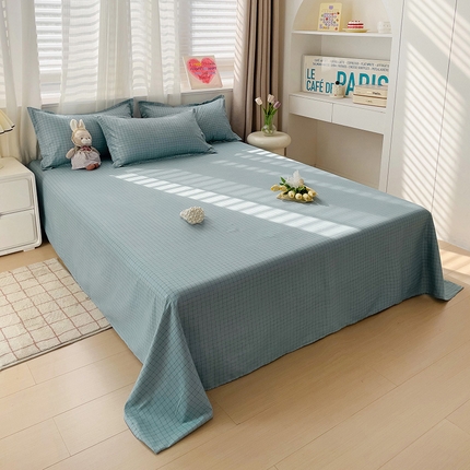 楠沐家纺  2025年新款亲肤水洗棉芦荟棉印花床单系列 蓝格