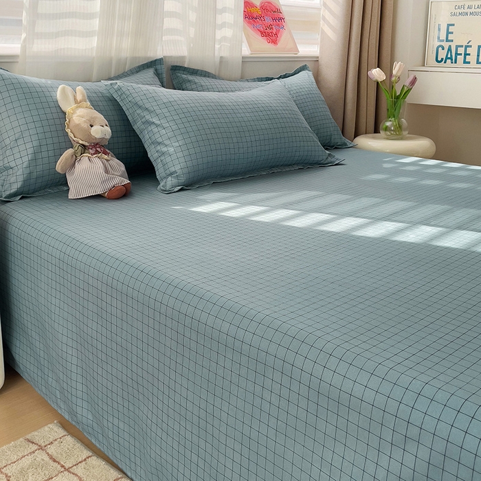 91家纺网 家纺一手货源 找家纺 楠沐家纺  2025年新款亲肤水洗棉芦荟棉印花床单系列 蓝格