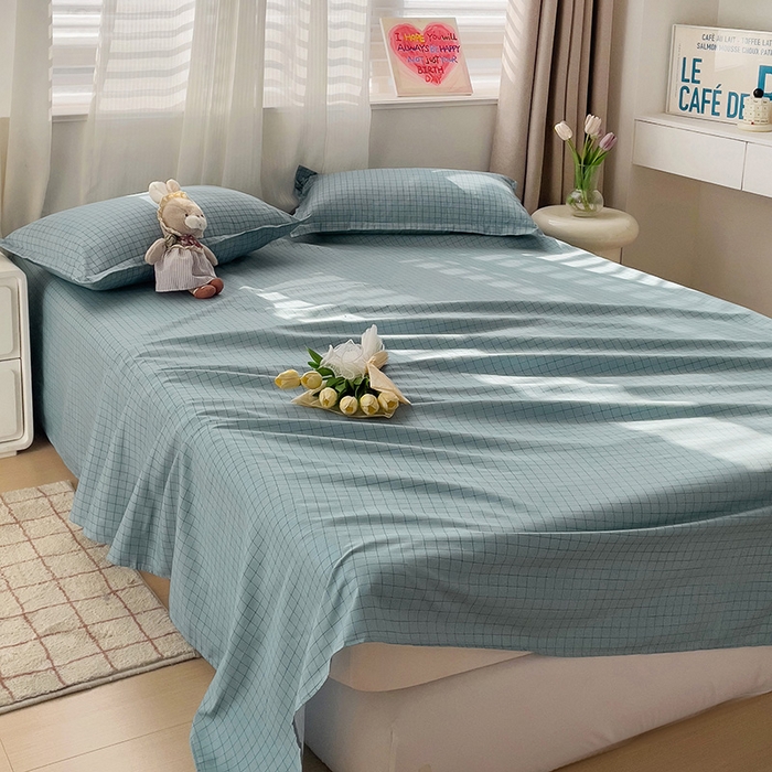 91家纺网 家纺一手货源 找家纺 楠沐家纺  2025年新款亲肤水洗棉芦荟棉印花床单系列 蓝格