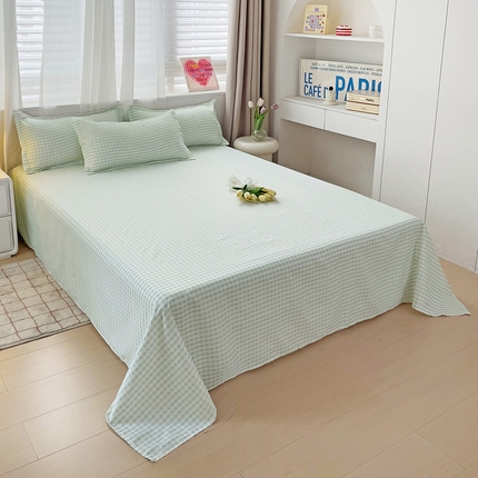 楠沐家纺  2025年新款亲肤水洗棉芦荟棉印花床单系列 小绿格