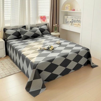 楠沐家纺  2025年新款亲肤水洗棉芦荟棉印花床单系列 菱格灰