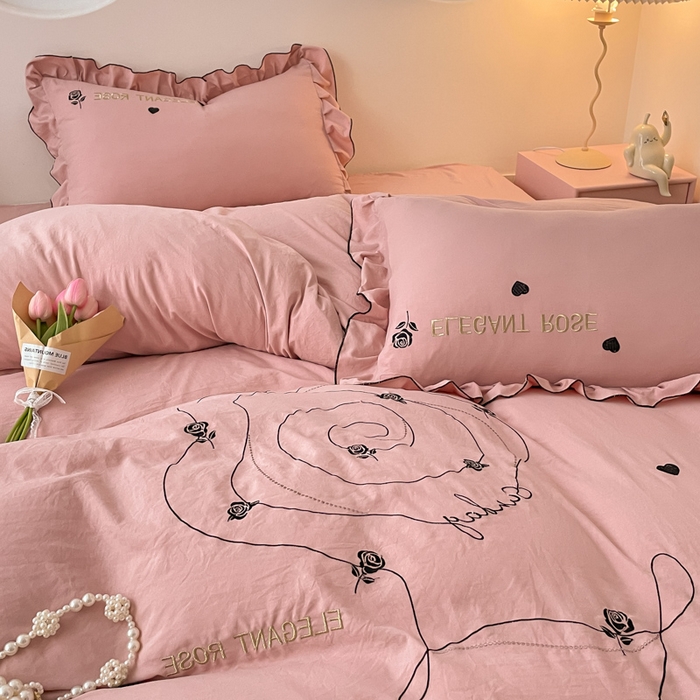 91家纺网 家纺一手货源 找家纺 AB家纺 2024新款水洗棉绣花四件套-唯一系列 唯一苏芳粉