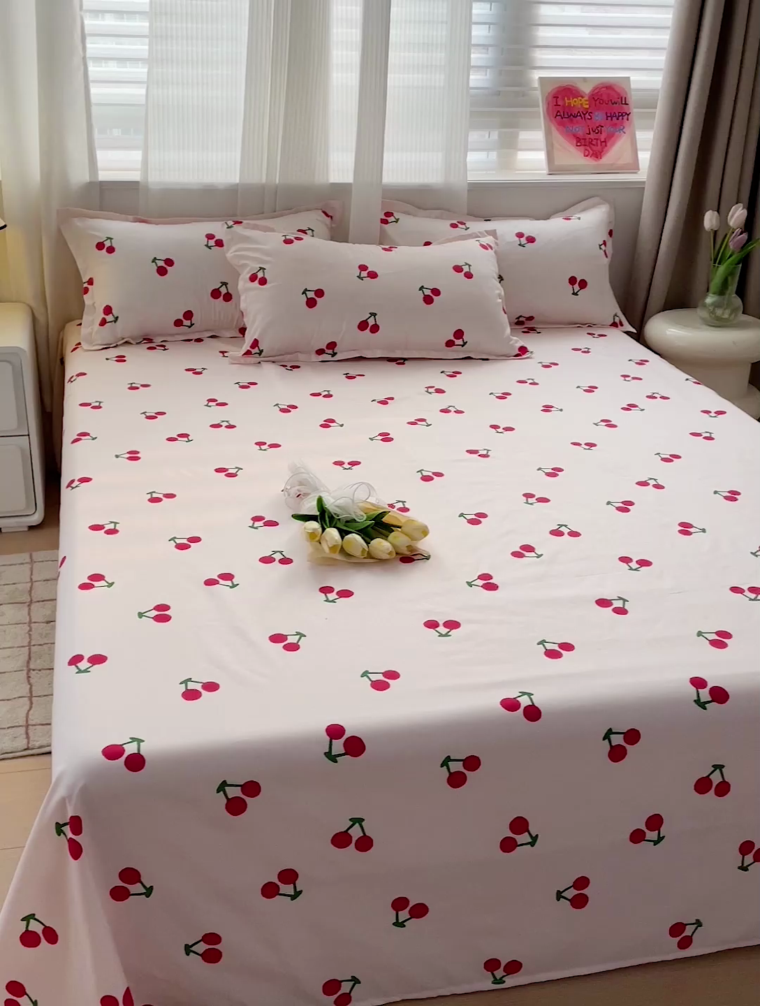 91家纺网 家纺一手货源 找家纺 楠沐家纺  2025年新款亲肤水洗棉芦荟棉印花床单系列 小樱桃