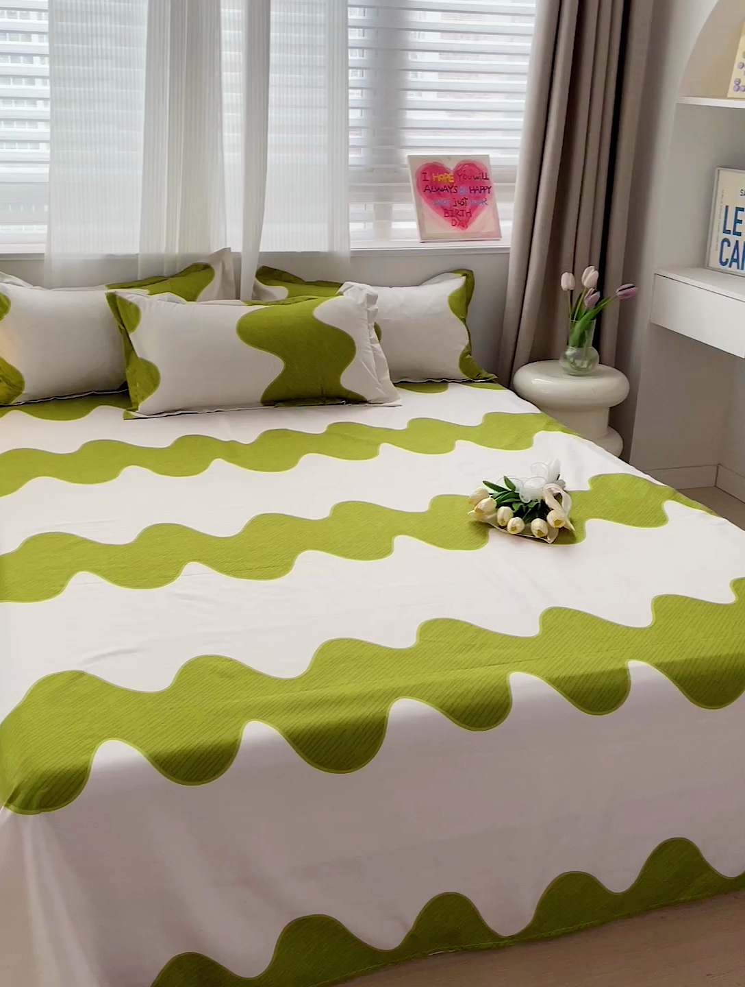 91家纺网 家纺一手货源 找家纺 楠沐家纺  2025年新款亲肤水洗棉芦荟棉印花床单系列 波浪纹-绿