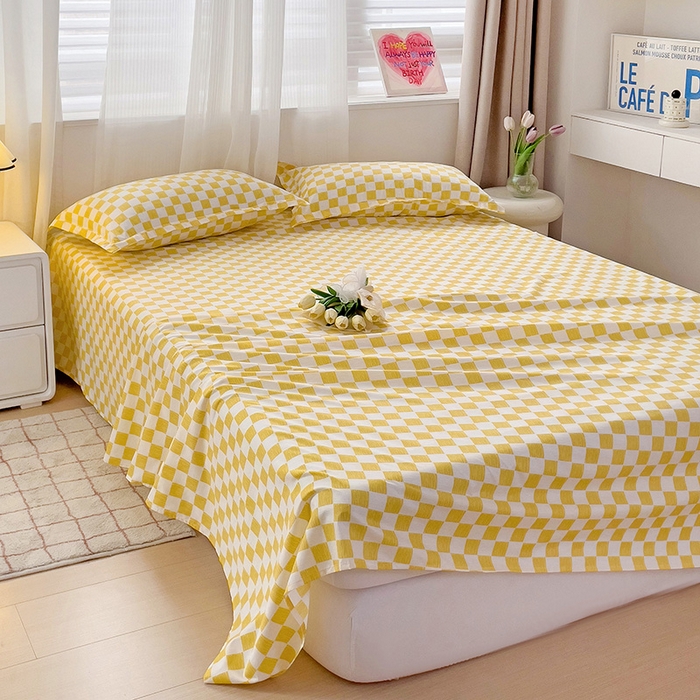 91家纺网 家纺一手货源 找家纺 楠沐家纺  2025年新款亲肤水洗棉芦荟棉印花床单系列 棋盘格-黄