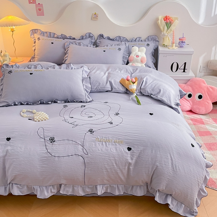 91家纺网 家纺一手货源 找家纺 AB家纺 2024新款水洗棉绣花四件套-唯一系列 唯一相思灰