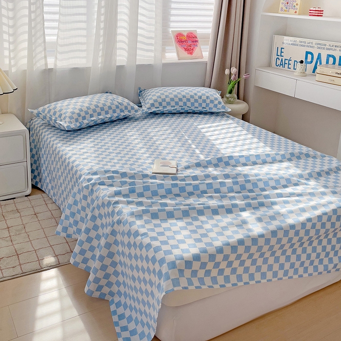 91家纺网 家纺一手货源 找家纺 楠沐家纺  2025年新款亲肤水洗棉芦荟棉印花床单系列 棋盘格-蓝