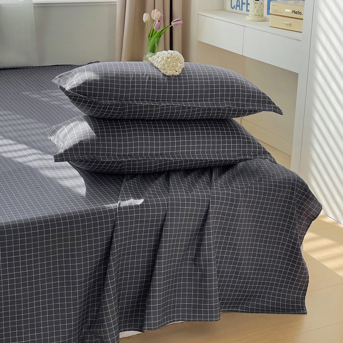 91家纺网 家纺一手货源 找家纺 楠沐家纺  2025年新款亲肤水洗棉芦荟棉印花床单系列 小黑格