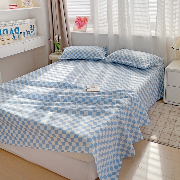 91家纺网 家纺一手货源 找家纺 楠沐家纺  2025年新款亲肤水洗棉芦荟棉印花床单系列 棋盘格-蓝