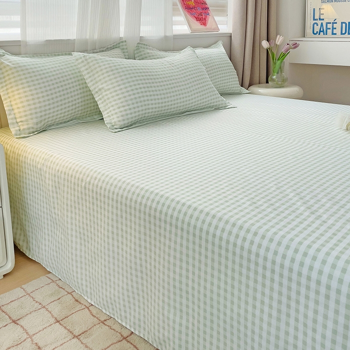 91家纺网 家纺一手货源 找家纺 楠沐家纺  2025年新款亲肤水洗棉芦荟棉印花床单系列 小绿格