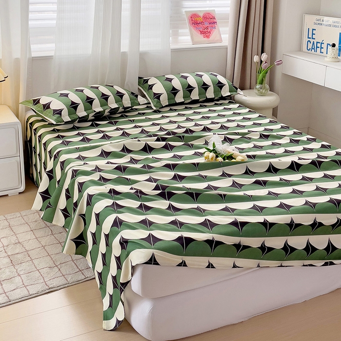 91家纺网 家纺一手货源 找家纺 楠沐家纺  2025年新款亲肤水洗棉芦荟棉印花床单系列 大西洋-绿