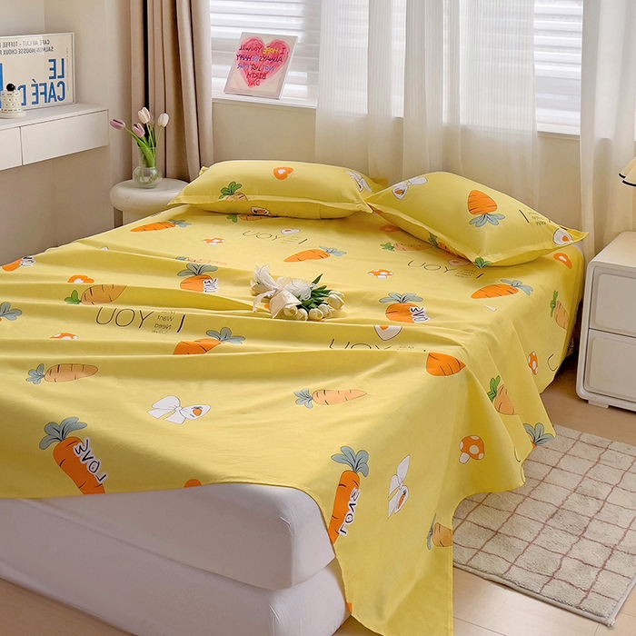 91家纺网 家纺一手货源 找家纺 楠沐家纺  2025年新款亲肤水洗棉芦荟棉印花床单系列 开心萝卜