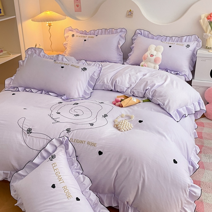 91家纺网 家纺一手货源 找家纺 AB家纺 2024新款水洗棉绣花四件套-唯一系列 唯一夕雾紫