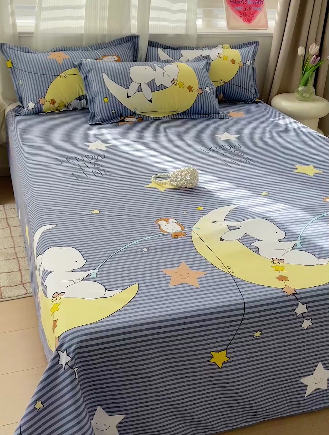 91家纺网 家纺一手货源 找家纺 楠沐家纺  2025年新款亲肤水洗棉芦荟棉印花床单系列 月兔