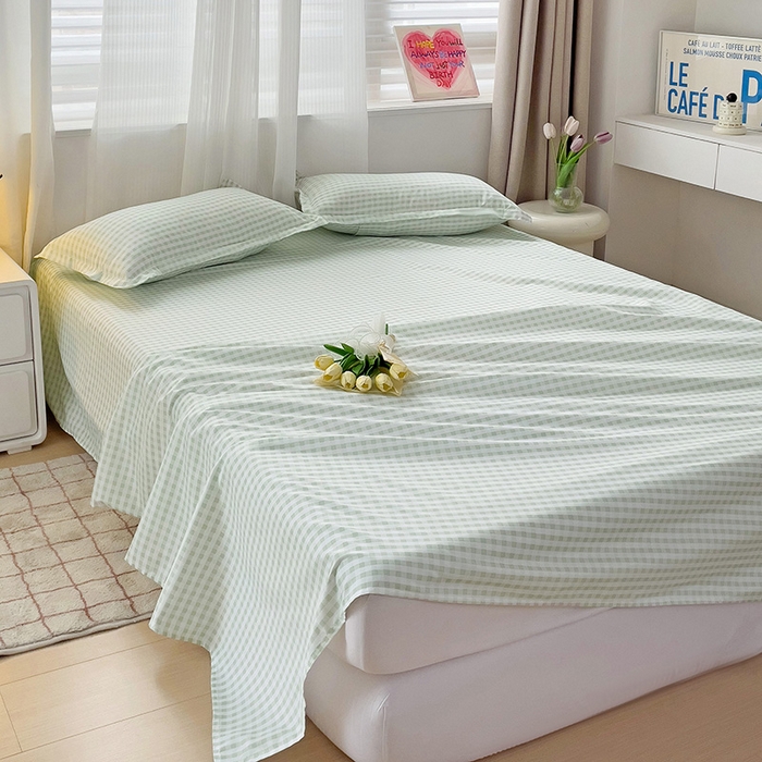 91家纺网 家纺一手货源 找家纺 楠沐家纺  2025年新款亲肤水洗棉芦荟棉印花床单系列 小绿格