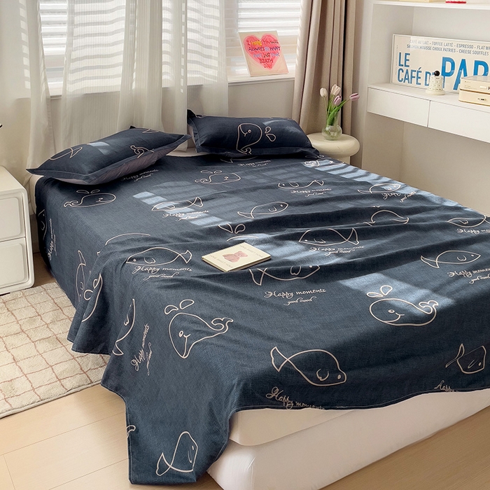 91家纺网 家纺一手货源 找家纺 楠沐家纺  2025年新款亲肤水洗棉芦荟棉印花床单系列 小鲸鱼