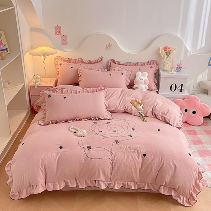 91家纺网 家纺一手货源 找家纺 AB家纺 2024新款水洗棉绣花四件套-唯一系列 唯一苏芳粉