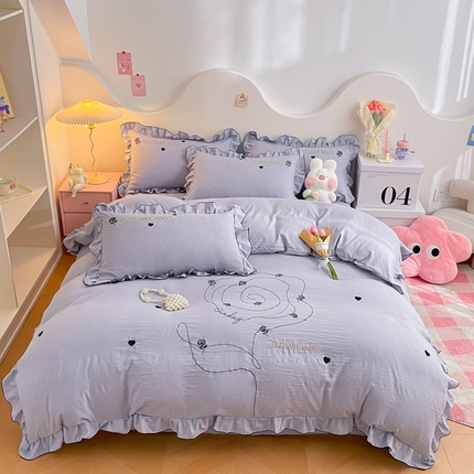 91家纺网 家纺一手货源 找家纺 AB家纺 2024新款水洗棉绣花四件套-唯一系列 唯一相思灰