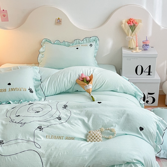 91家纺网 家纺一手货源 找家纺 AB家纺 2024新款水洗棉绣花四件套-唯一系列 唯一天水绿