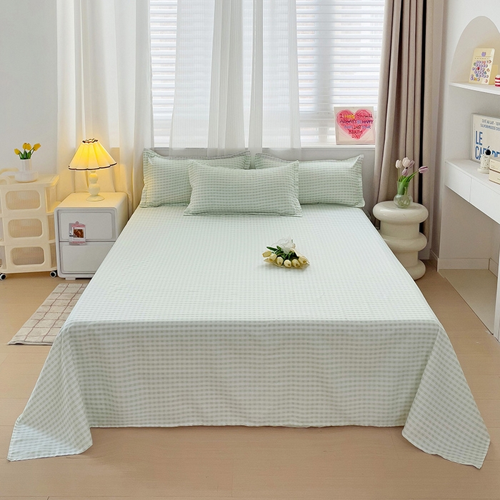 91家纺网 家纺一手货源 找家纺 楠沐家纺  2025年新款亲肤水洗棉芦荟棉印花床单系列 小绿格