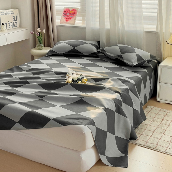 91家纺网 家纺一手货源 找家纺 楠沐家纺  2025年新款亲肤水洗棉芦荟棉印花床单系列 菱格灰