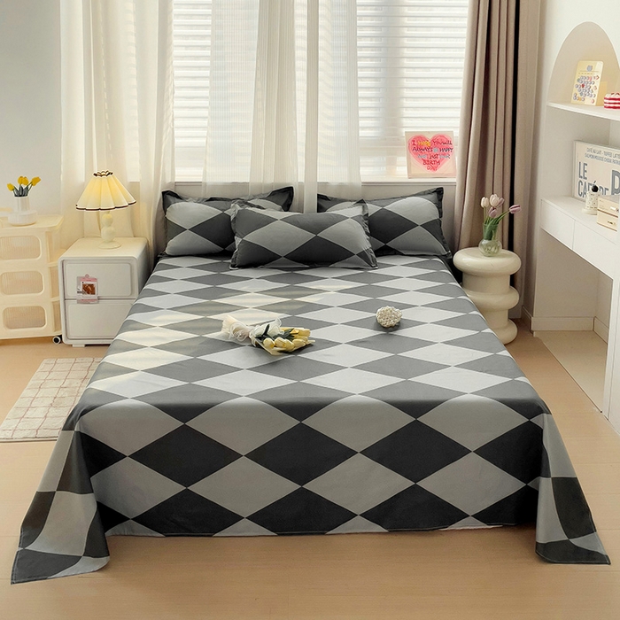 91家纺网 家纺一手货源 找家纺 楠沐家纺  2025年新款亲肤水洗棉芦荟棉印花床单系列 菱格灰