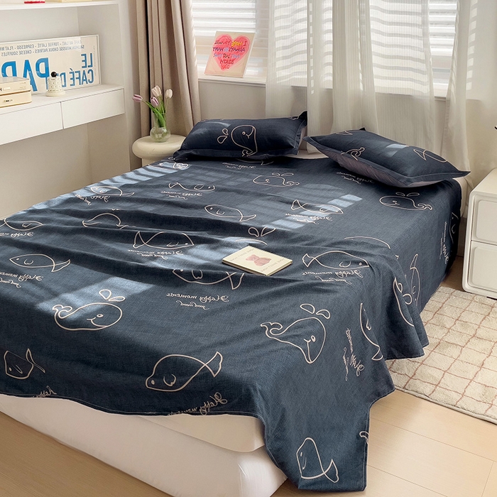 91家纺网 家纺一手货源 找家纺 楠沐家纺  2025年新款亲肤水洗棉芦荟棉印花床单系列 小鲸鱼