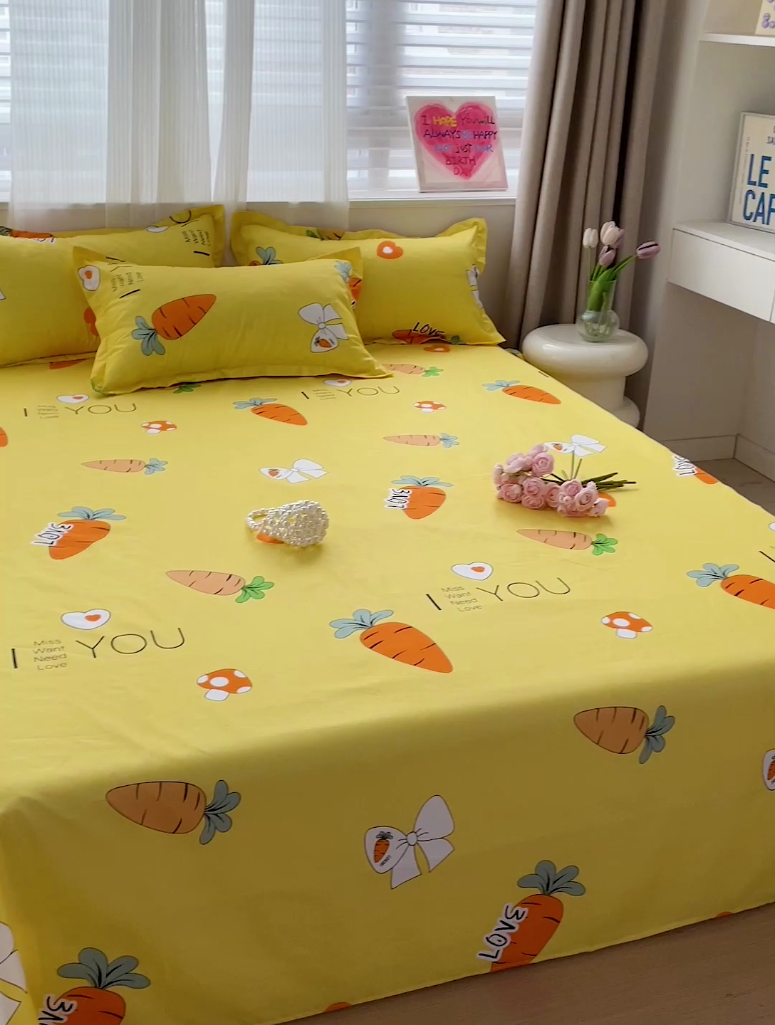 91家纺网 家纺一手货源 找家纺 楠沐家纺  2025年新款亲肤水洗棉芦荟棉印花床单系列 开心萝卜