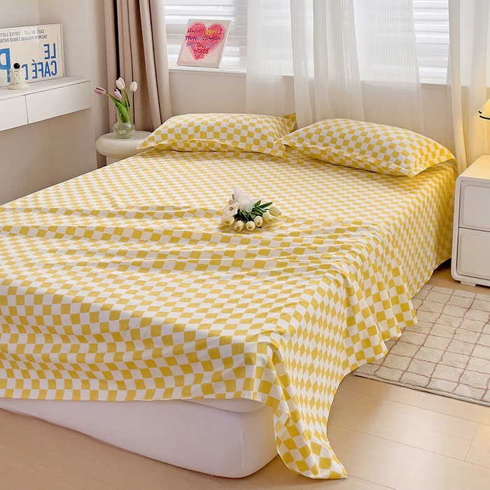 91家纺网 家纺一手货源 找家纺 楠沐家纺  2025年新款亲肤水洗棉芦荟棉印花床单系列 棋盘格-黄