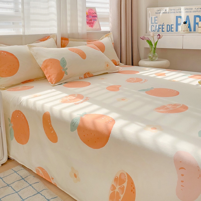 91家纺网 家纺一手货源 找家纺 楠沐家纺  2025年新款亲肤水洗棉芦荟棉印花床单系列 爱心橙