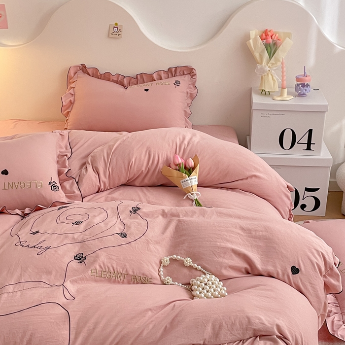 91家纺网 家纺一手货源 找家纺 AB家纺 2024新款水洗棉绣花四件套-唯一系列 唯一苏芳粉