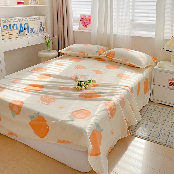 91家纺网 家纺一手货源 找家纺 楠沐家纺  2025年新款亲肤水洗棉芦荟棉印花床单系列 爱心橙