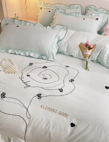 91家纺网 家纺一手货源 找家纺 AB家纺 2024新款水洗棉绣花四件套-唯一系列 唯一天水绿