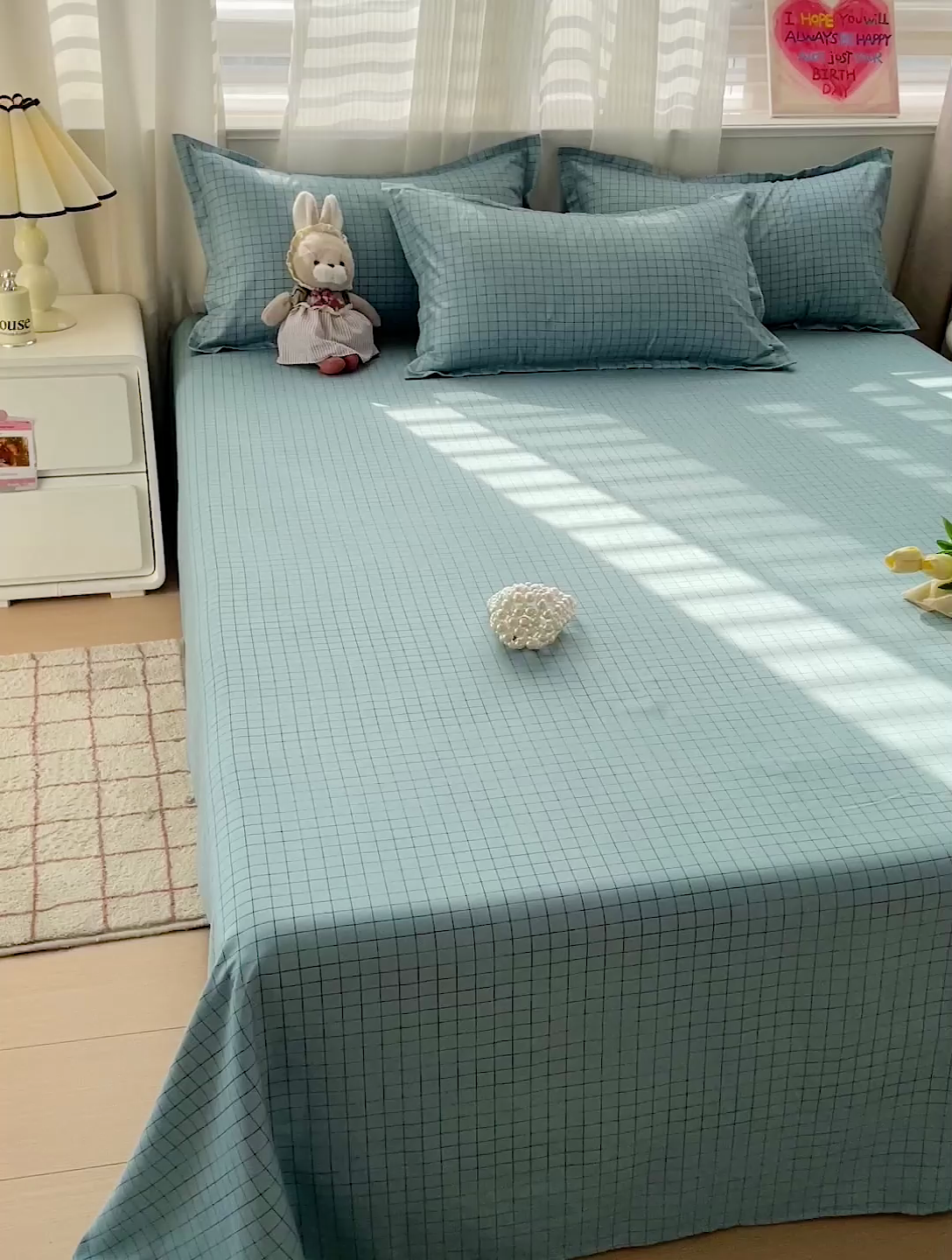 91家纺网 家纺一手货源 找家纺 楠沐家纺  2025年新款亲肤水洗棉芦荟棉印花床单系列 蓝格