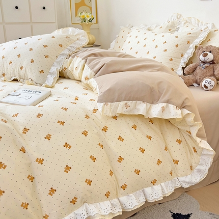 91家纺网 家纺一手货源 找家纺 （总）富米莱（原臻工厂） 舒适亲肤臻云朵棉水洗棉韩国ins小碎花花边款四件套