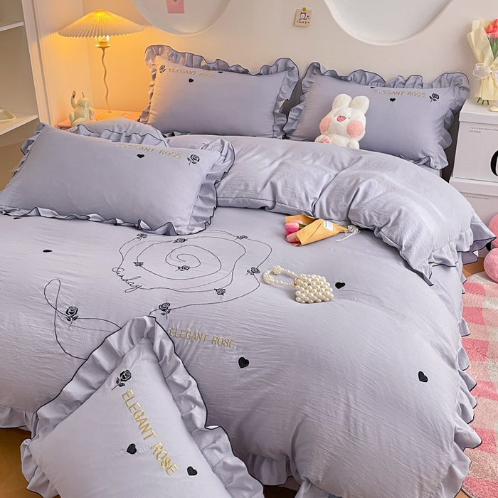 91家纺网 家纺一手货源 找家纺 AB家纺 2024新款水洗棉绣花四件套-唯一系列 唯一相思灰