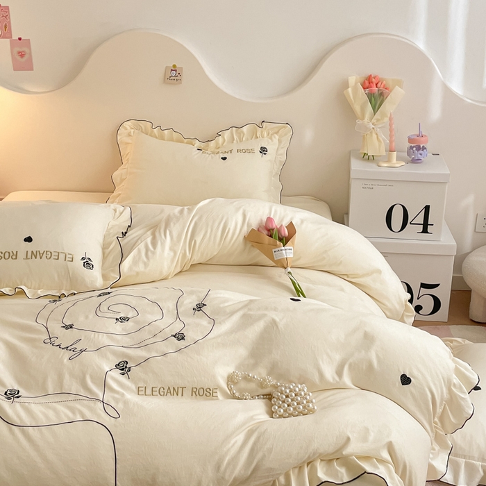 91家纺网 家纺一手货源 找家纺 AB家纺 2024新款水洗棉绣花四件套-唯一系列 唯一茶靡白