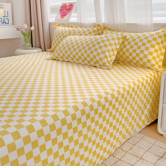 91家纺网 家纺一手货源 找家纺 楠沐家纺  2025年新款亲肤水洗棉芦荟棉印花床单系列 棋盘格-黄