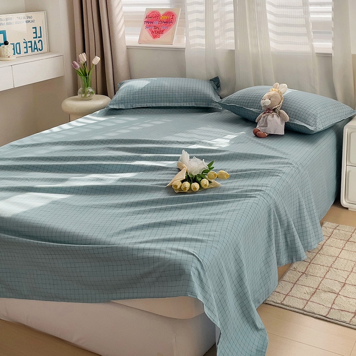 91家纺网 家纺一手货源 找家纺 楠沐家纺  2025年新款亲肤水洗棉芦荟棉印花床单系列 蓝格