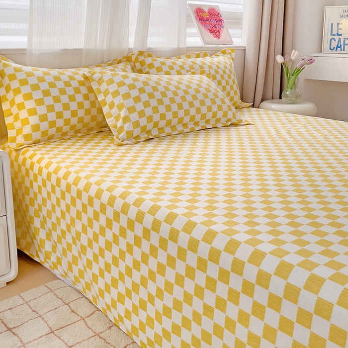 91家纺网 家纺一手货源 找家纺 楠沐家纺  2025年新款亲肤水洗棉芦荟棉印花床单系列 棋盘格-黄